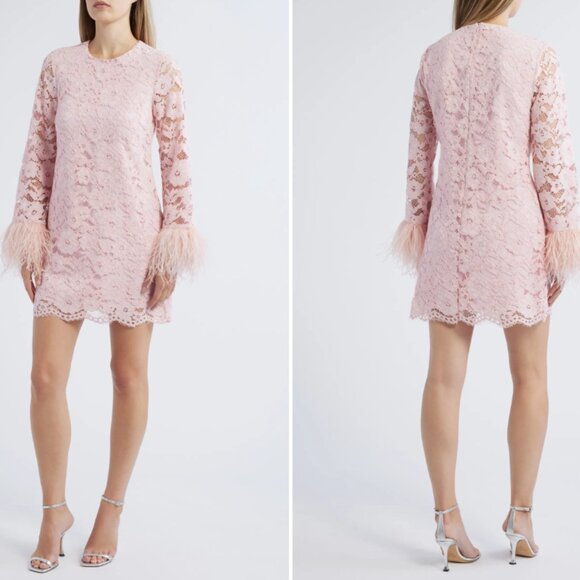 Likely Lorie Feather Trim Long Sleeve Lace Mini Dress in Rose Shadow NWT - Picture 1 of 11